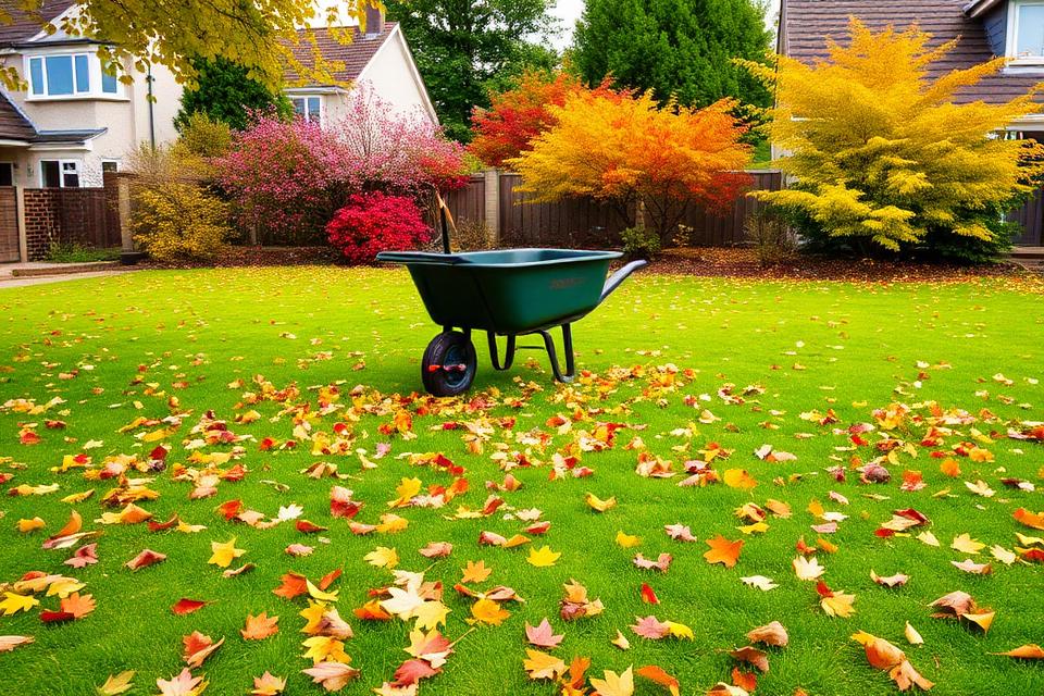 Autumn garden scene with fallen leaves on lawn and wheelbarrow in residential Scottish garden
