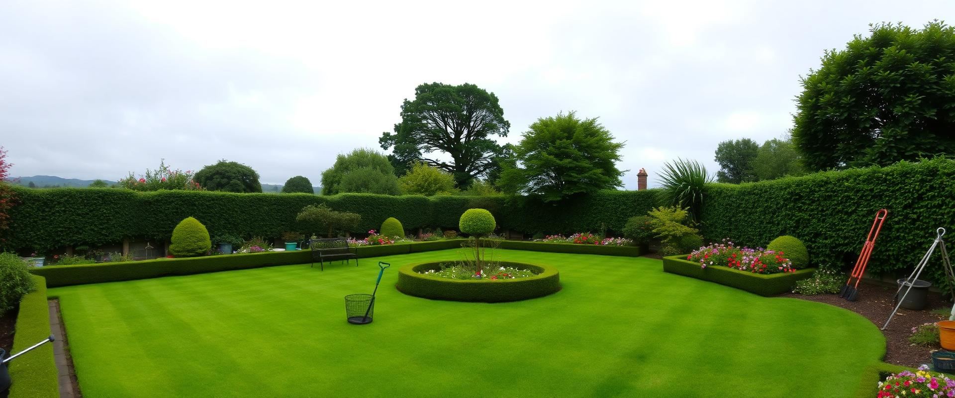 Professionally maintained garden in Ayrshire with lush green lawn and trimmed hedges